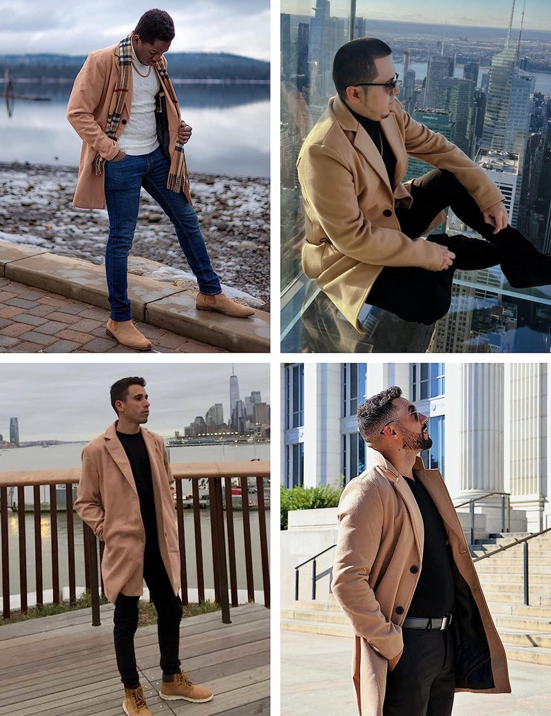Springrain Men's Wool Blend Pea Coat Notched Collar Single Breasted Overcoat Warm Winter Trench Coat(Khaki-XL) - Image 3